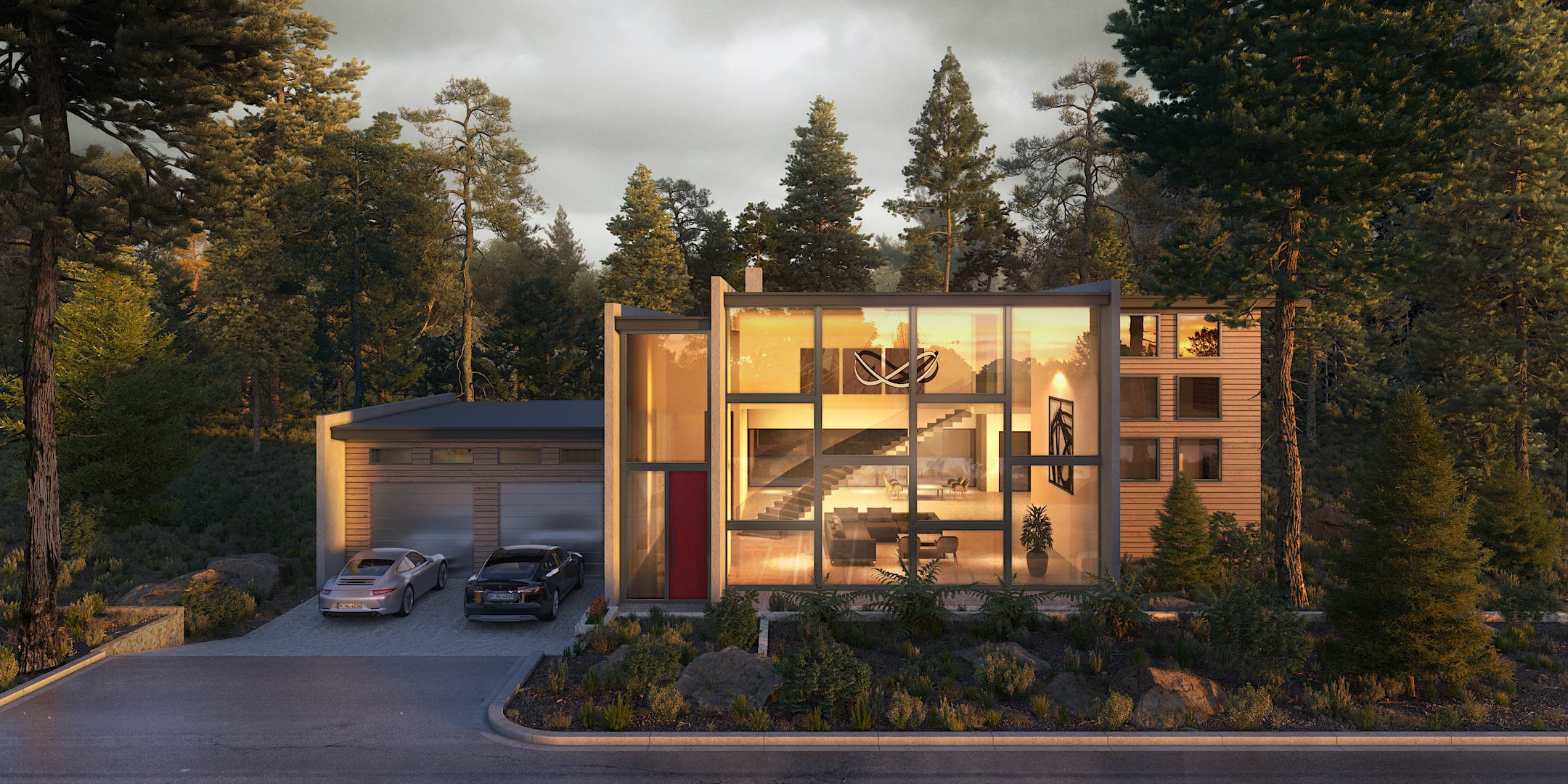 New Modern Pacific Northwest Home Design Front Elevation-Clinton, Washington. Designed by Myles Nelson McKenzie Design.
